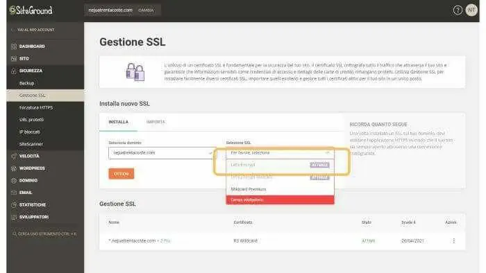 Installare certificato SSL Siteground passo 1